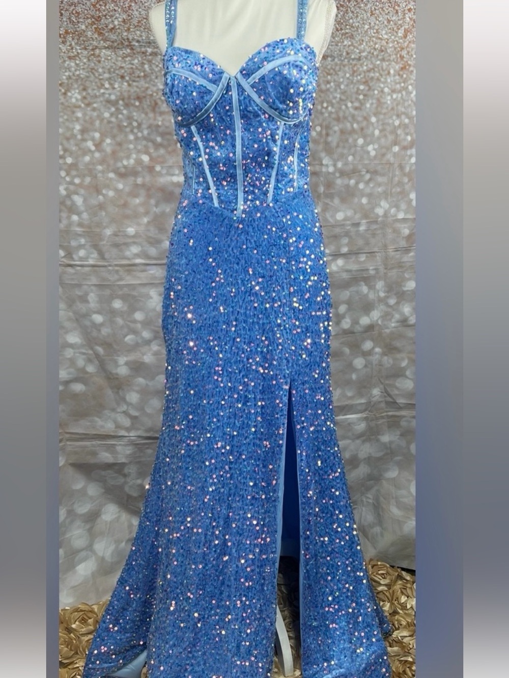 Blue Velvet Sequin Prom Gown with Corset Bodice